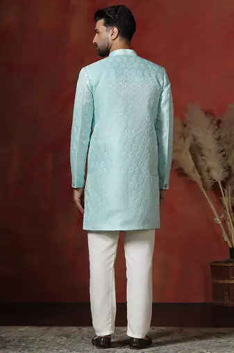 sky blue jacquard blend indo western and pyjama set for men with printed design