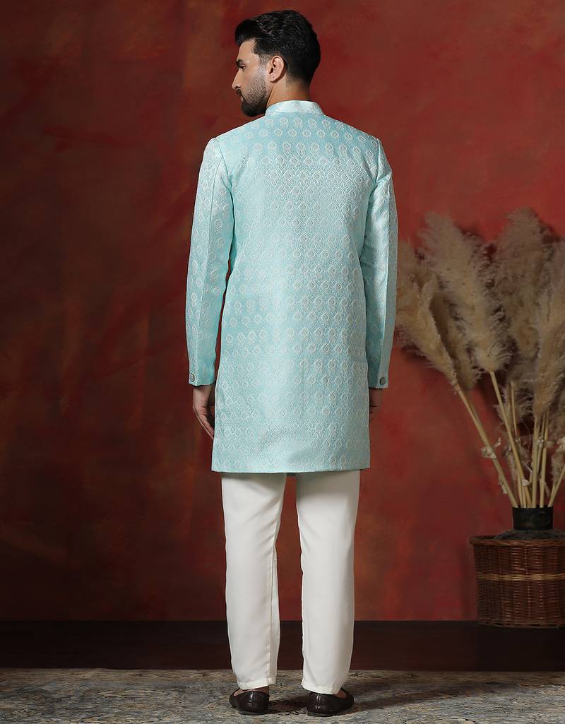 sky blue jacquard blend indo western and pyjama set for men with printed design