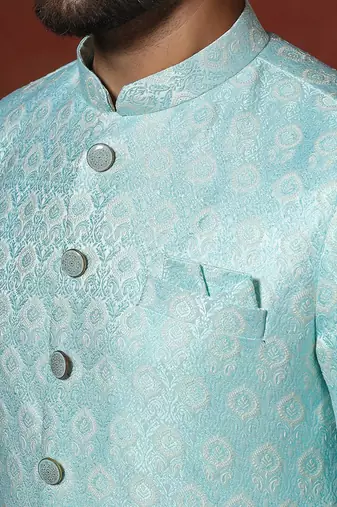 sky blue jacquard blend indo western and pyjama set for men with printed design