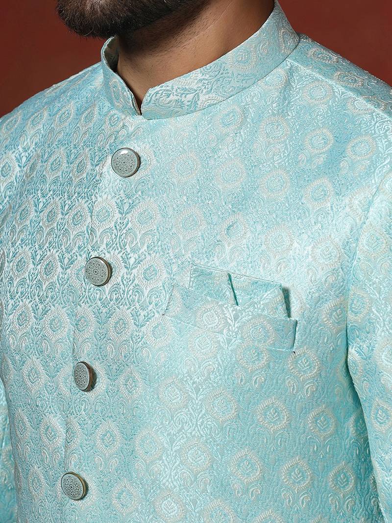 sky blue jacquard blend indo western and pyjama set for men with printed design