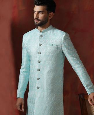 sky blue jacquard blend indo western and pyjama set for men with printed design 5