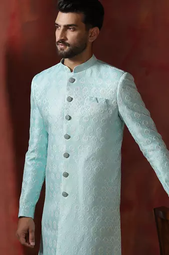 sky blue jacquard blend indo western and pyjama set for men with printed design