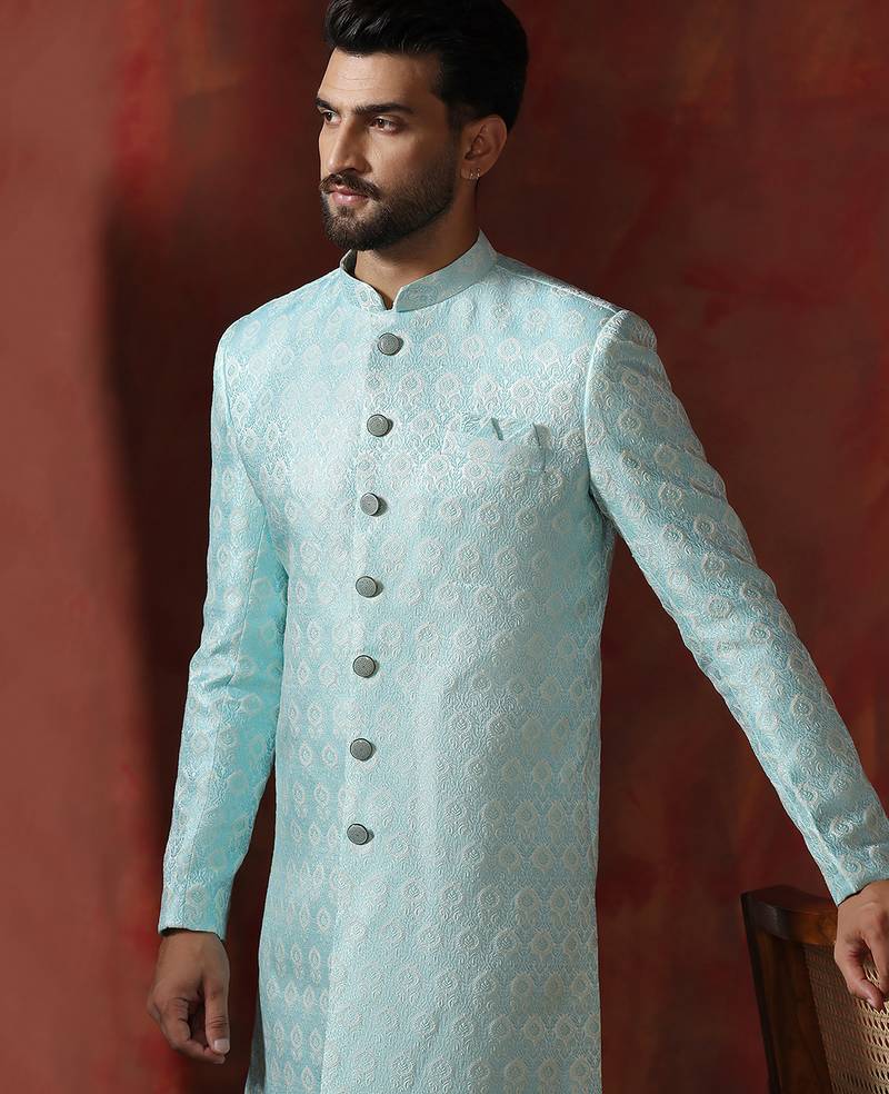 sky blue jacquard blend indo western and pyjama set for men with printed design
