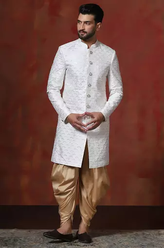 White jacquard blend indo western and dhoti set for men with embroidery work