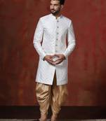 White jacquard blend indo western and dhoti set for men with embroidery work