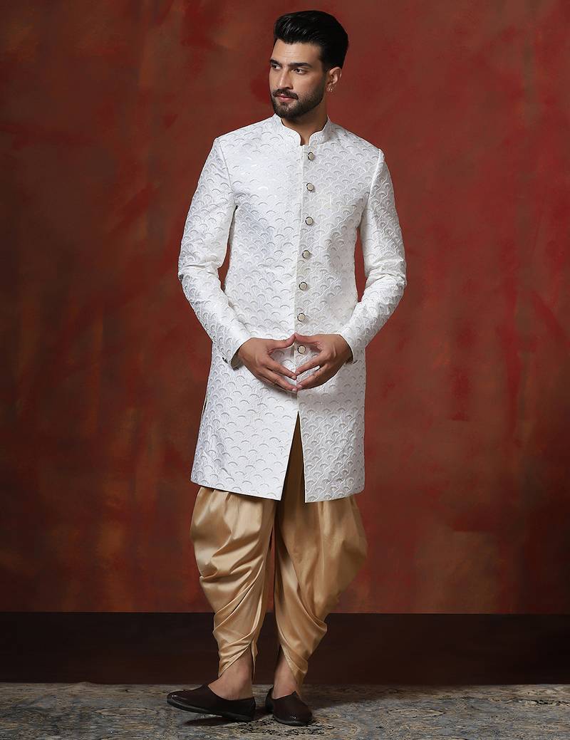White jacquard blend indo western and dhoti set for men with embroidery work