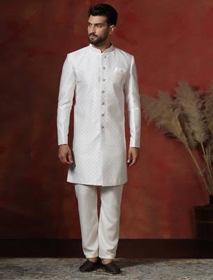 White jacquard blend indo western and pyjama set for men with printed design 1