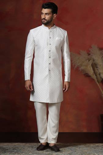White jacquard blend indo western and pyjama set for men with printed design