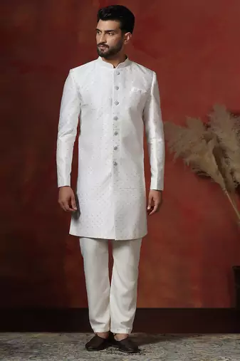 White jacquard blend indo western and pyjama set for men with printed design