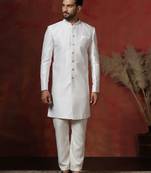 White jacquard blend indo western and pyjama set for men with printed design