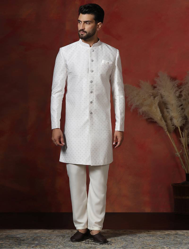 White jacquard blend indo western and pyjama set for men with printed design