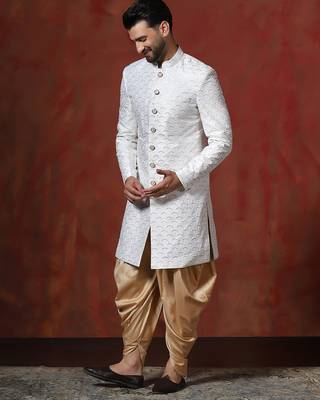 White jacquard blend indo western and dhoti set for men with embroidery work 2