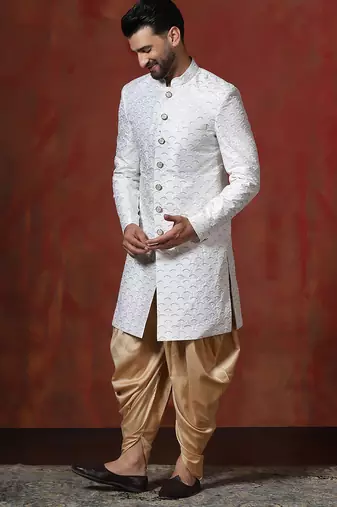 White jacquard blend indo western and dhoti set for men with embroidery work