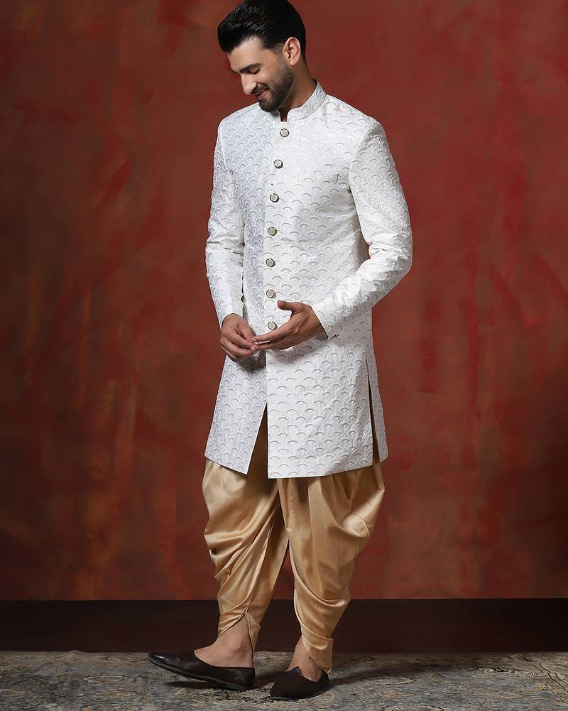 White jacquard blend indo western and dhoti set for men with embroidery work
