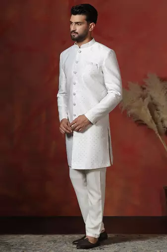 White jacquard blend indo western and pyjama set for men with printed design