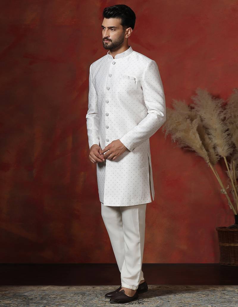 White jacquard blend indo western and pyjama set for men with printed design