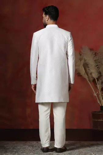 White jacquard blend indo western and pyjama set for men with printed design