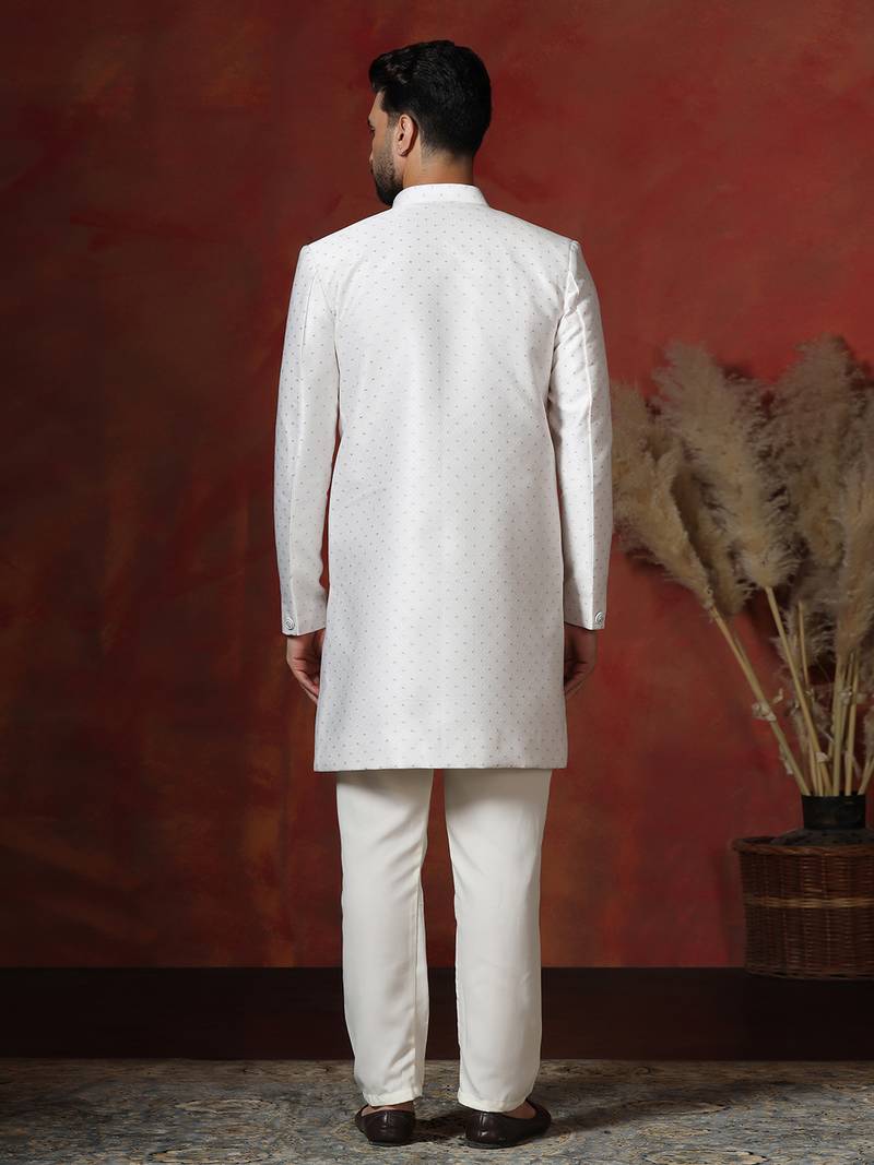 White jacquard blend indo western and pyjama set for men with printed design