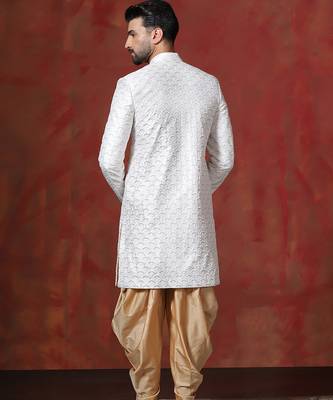 White jacquard blend indo western and dhoti set for men with embroidery work 3
