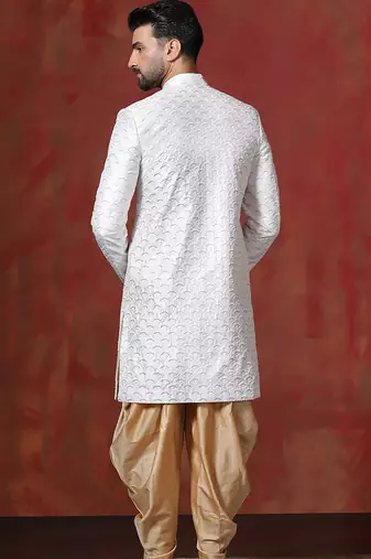 White jacquard blend indo western and dhoti set for men with embroidery work