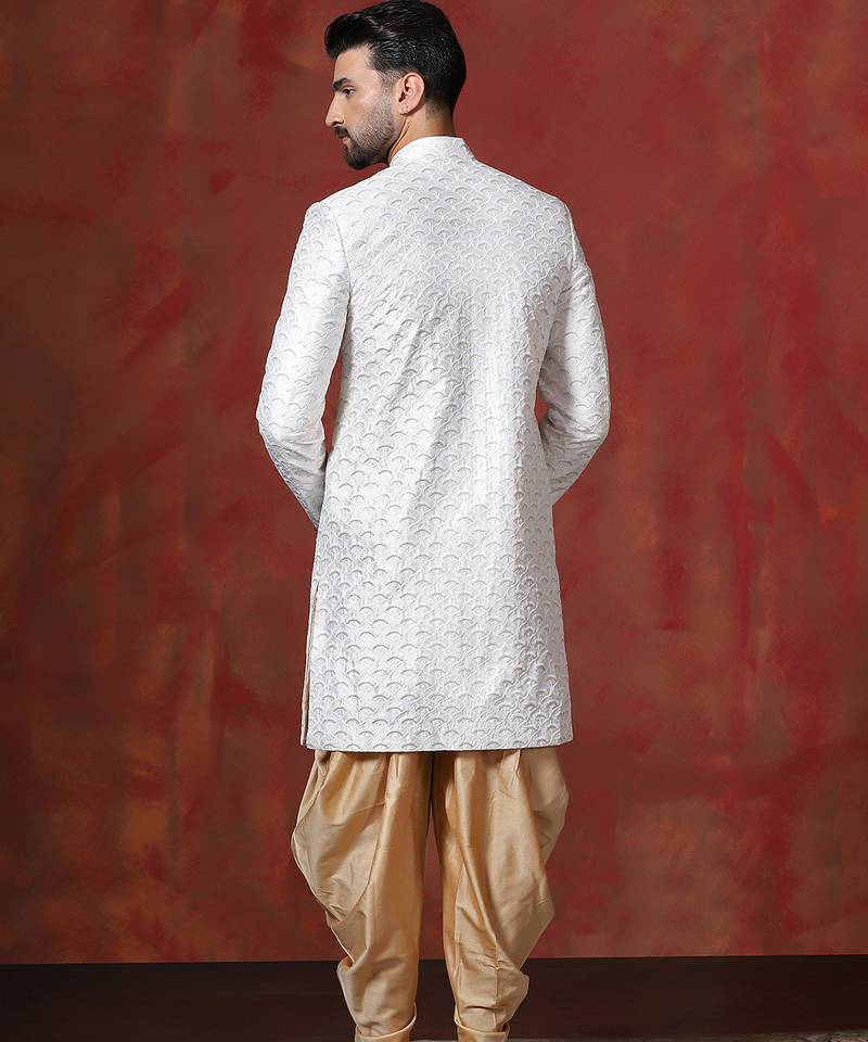 White jacquard blend indo western and dhoti set for men with embroidery work