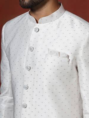 White jacquard blend indo western and pyjama set for men with printed design 4