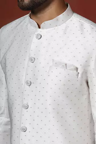 White jacquard blend indo western and pyjama set for men with printed design