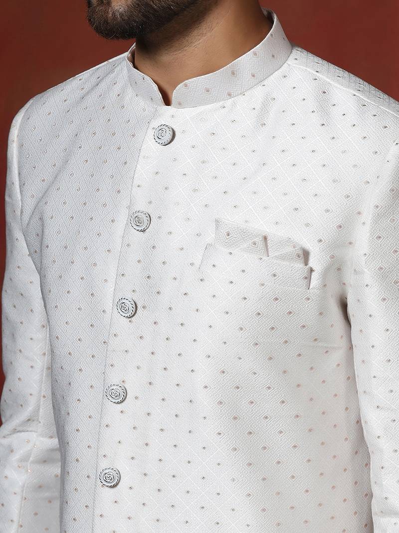 White jacquard blend indo western and pyjama set for men with printed design