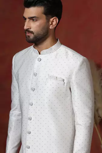 White jacquard blend indo western and pyjama set for men with printed design