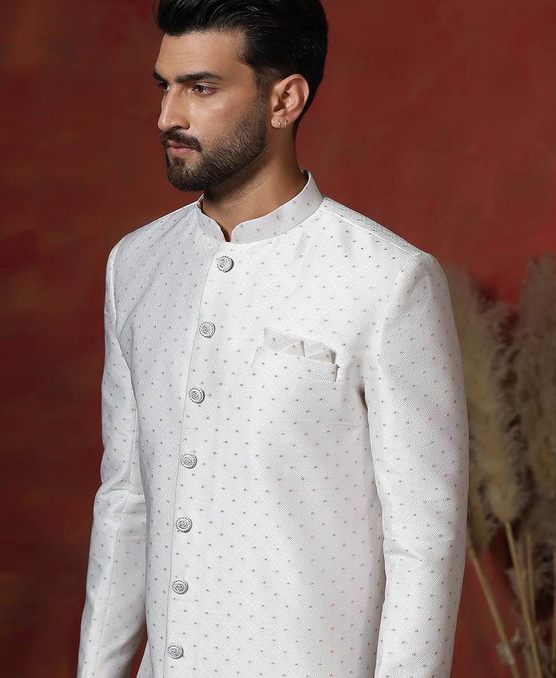 White jacquard blend indo western and pyjama set for men with printed design