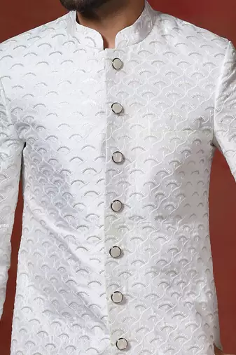 White jacquard blend indo western and dhoti set for men with embroidery work