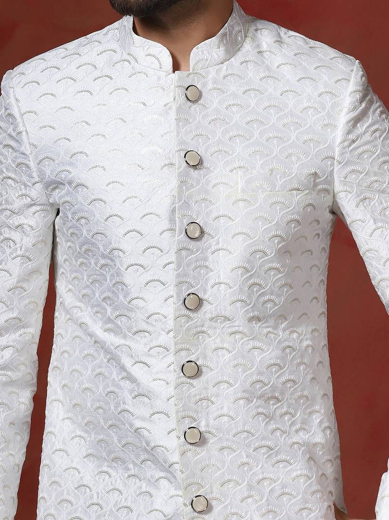 White jacquard blend indo western and dhoti set for men with embroidery work