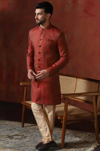 Red jacquard blend indo western and dhoti set for men with printed design