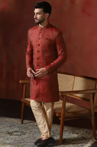 Red jacquard blend indo western and dhoti set for men with printed design