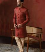 Red jacquard blend indo western and dhoti set for men with printed design