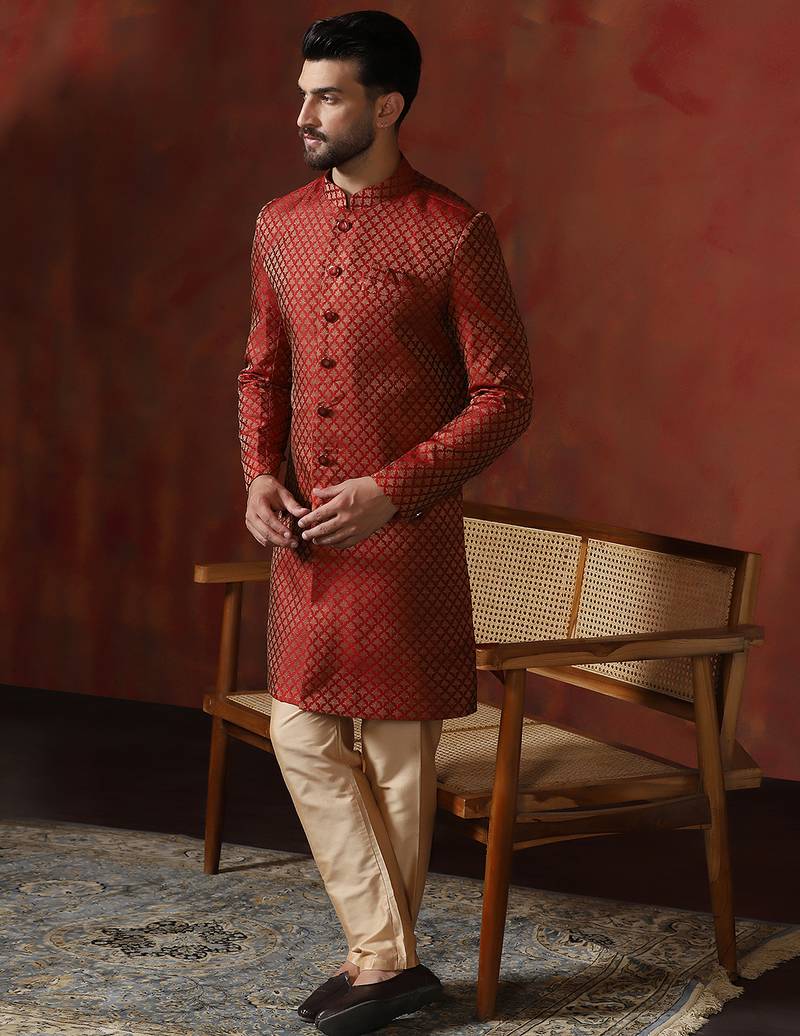 Red jacquard blend indo western and dhoti set for men with printed design