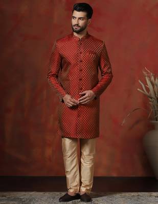 Red jacquard blend indo western and dhoti set for men with printed design 2