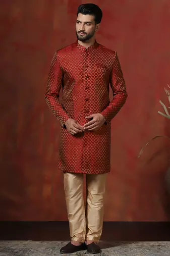 Red jacquard blend indo western and dhoti set for men with printed design
