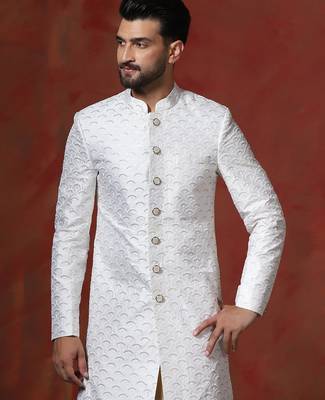 White jacquard blend indo western and dhoti set for men with embroidery work 5
