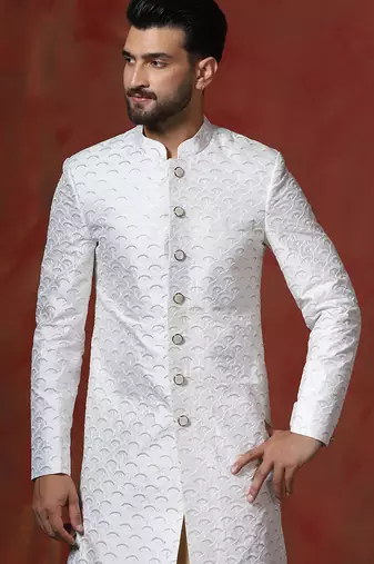 White jacquard blend indo western and dhoti set for men with embroidery work