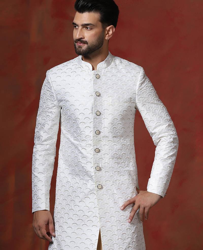 White jacquard blend indo western and dhoti set for men with embroidery work