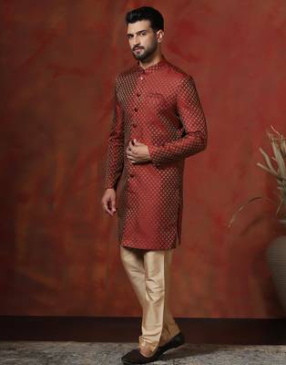 Red jacquard blend indo western and dhoti set for men with printed design 3