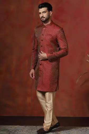 Red jacquard blend indo western and dhoti set for men with printed design