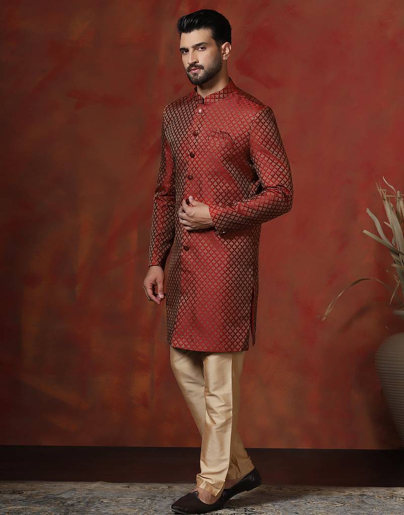 Red jacquard blend indo western and dhoti set for men with printed design