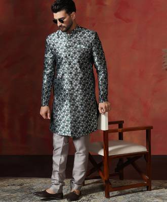 green jacquard blend indo western and pyjama set for men with printed design 1