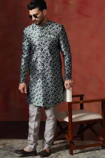 green jacquard blend indo western and pyjama set for men with printed design