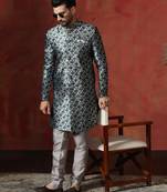green jacquard blend indo western and pyjama set for men with printed design