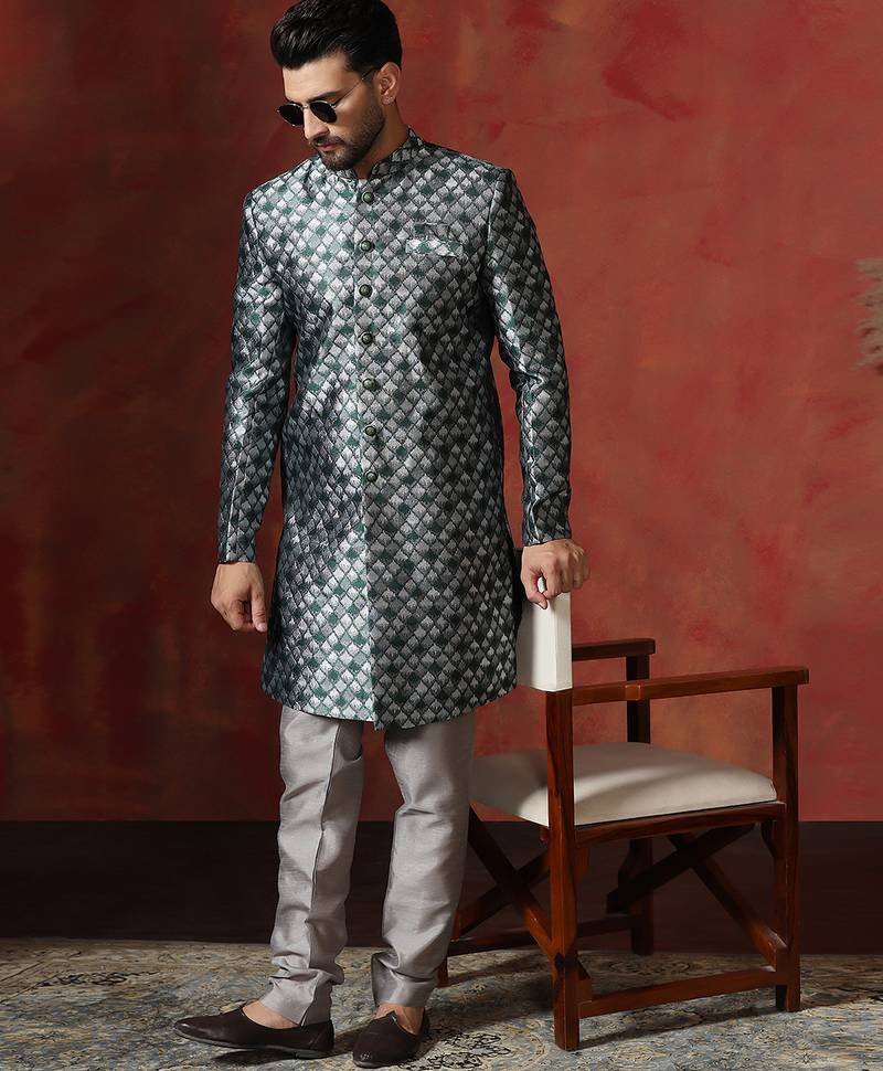 green jacquard blend indo western and pyjama set for men with printed design