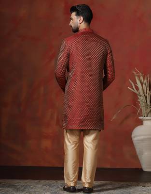 Red jacquard blend indo western and dhoti set for men with printed design 4