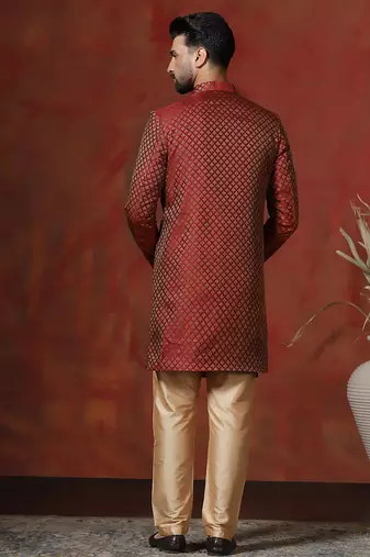 Red jacquard blend indo western and dhoti set for men with printed design